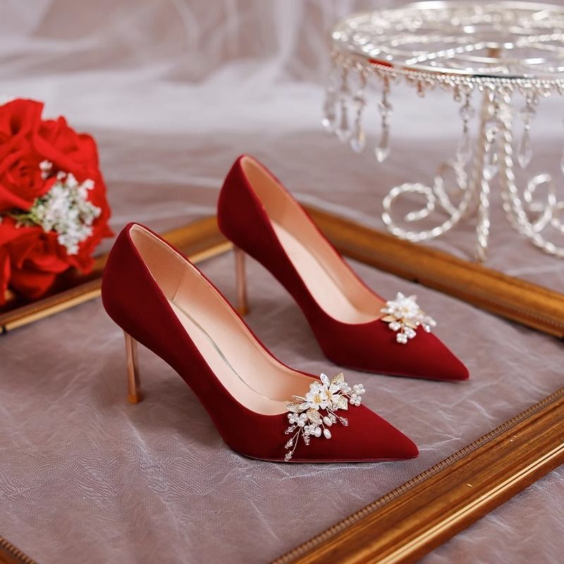 Red not tired feet wedding shoes women Xiuhe wedding dress two-way wear 2023 autumn new high heel bridal shoes French style