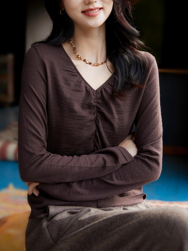 "一纤腰"针织衫 修身显瘦褶皱V领上衣女|undefined