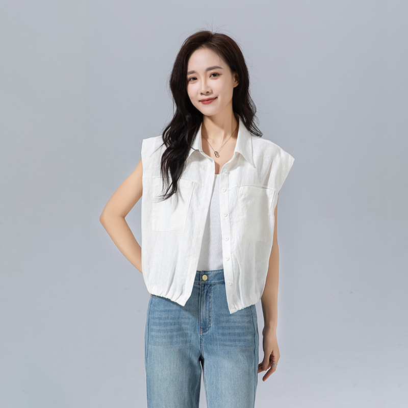 Xinge sleeveless vest women's clothing 2025 summer new solid color short sleeve lapel top high top linen coat women