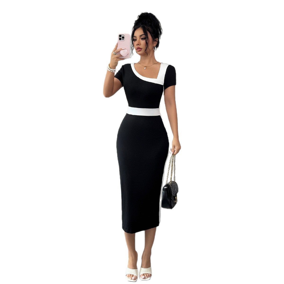 Women's Elegant Sophisticated Dress Slanted Neck Color Block Design Spring Summer Both Style And Comfort_ecoleips.com