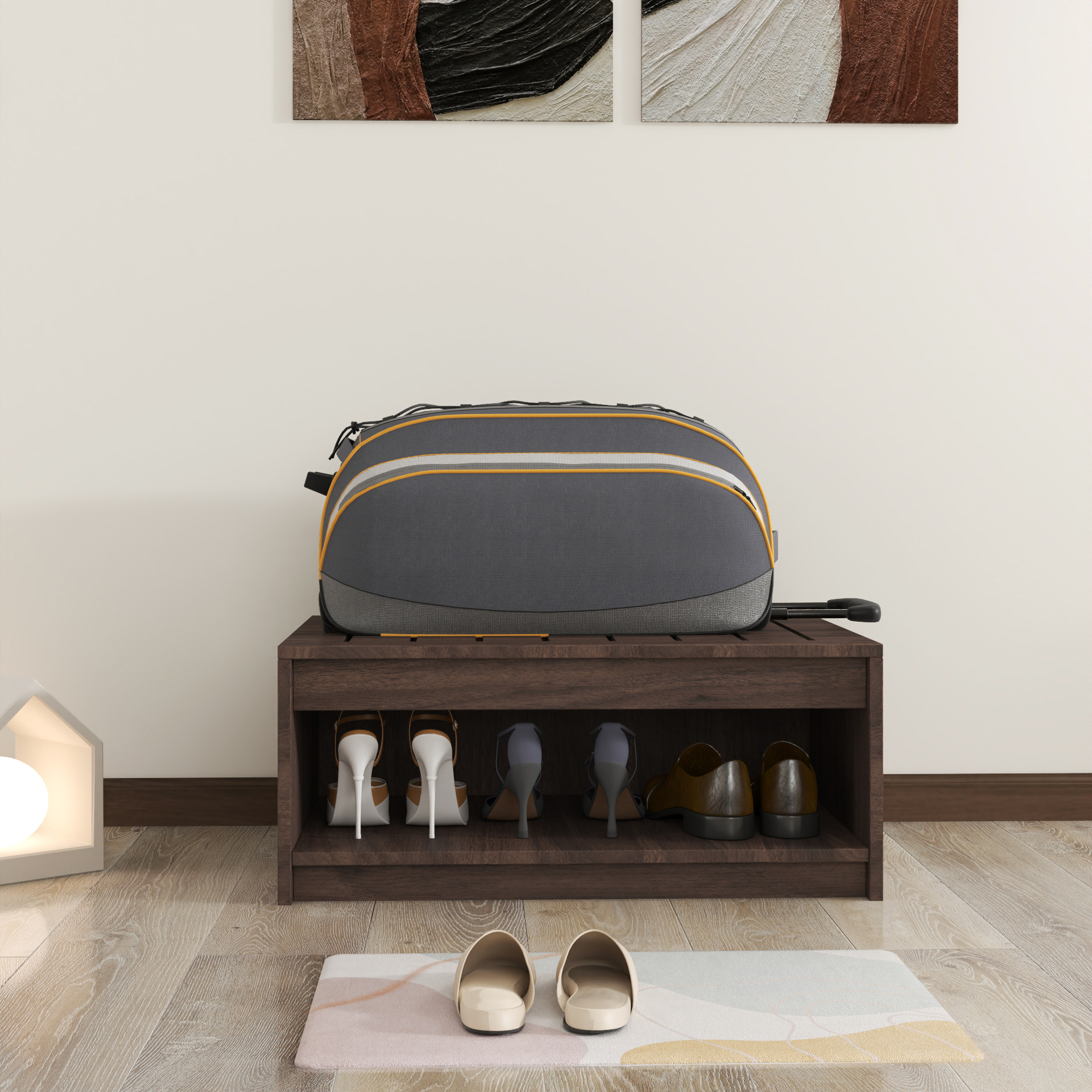 Estante de equipaje de hotel moderno y de moda, escritorio de madera con armario simple y práctico