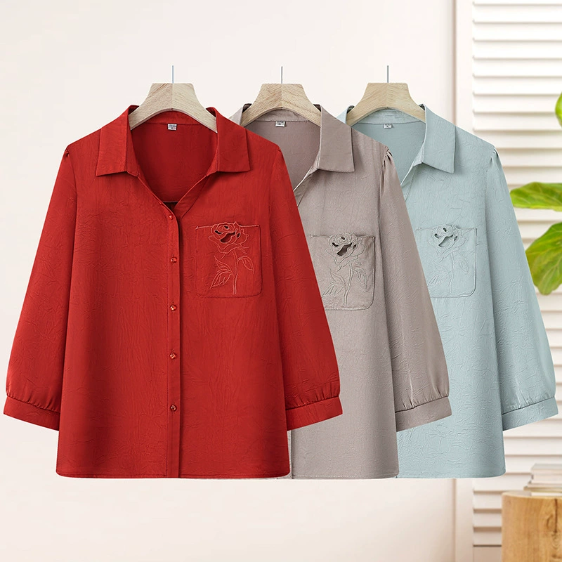 Мама летняя вышивка рубашка с отворотом с рукавами из семи рукавов