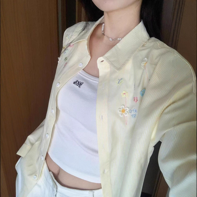 Korean Style Cute Embroidered Striped Shirt for Women, Layered to Cover the Flesh, Loose and Versatile Shirt with Sun Protection Cardigan Ins Trend