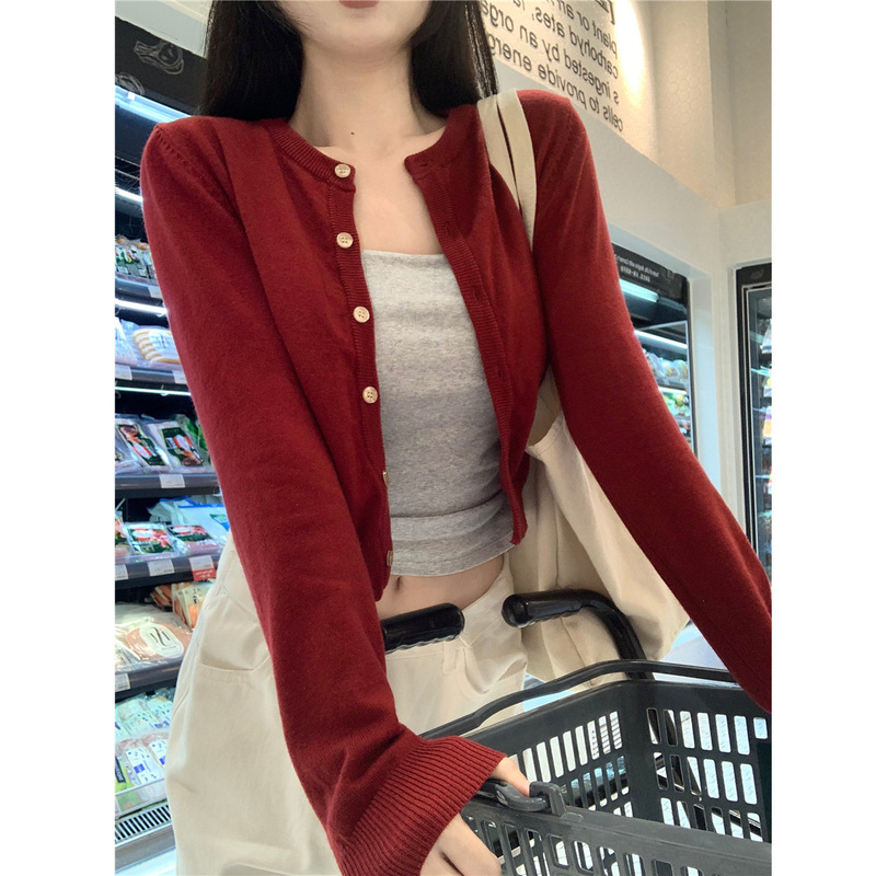 Cross-Border Korean Style Red Cardigan Women's Long-Sleeved Sweater Jacket Petite Slim Fit Outer Short Top Cross-Border Korean Style Red Cardigan Women's Long-Sleeved Sweater Jacket Petite Slim Fit Outer Short Top