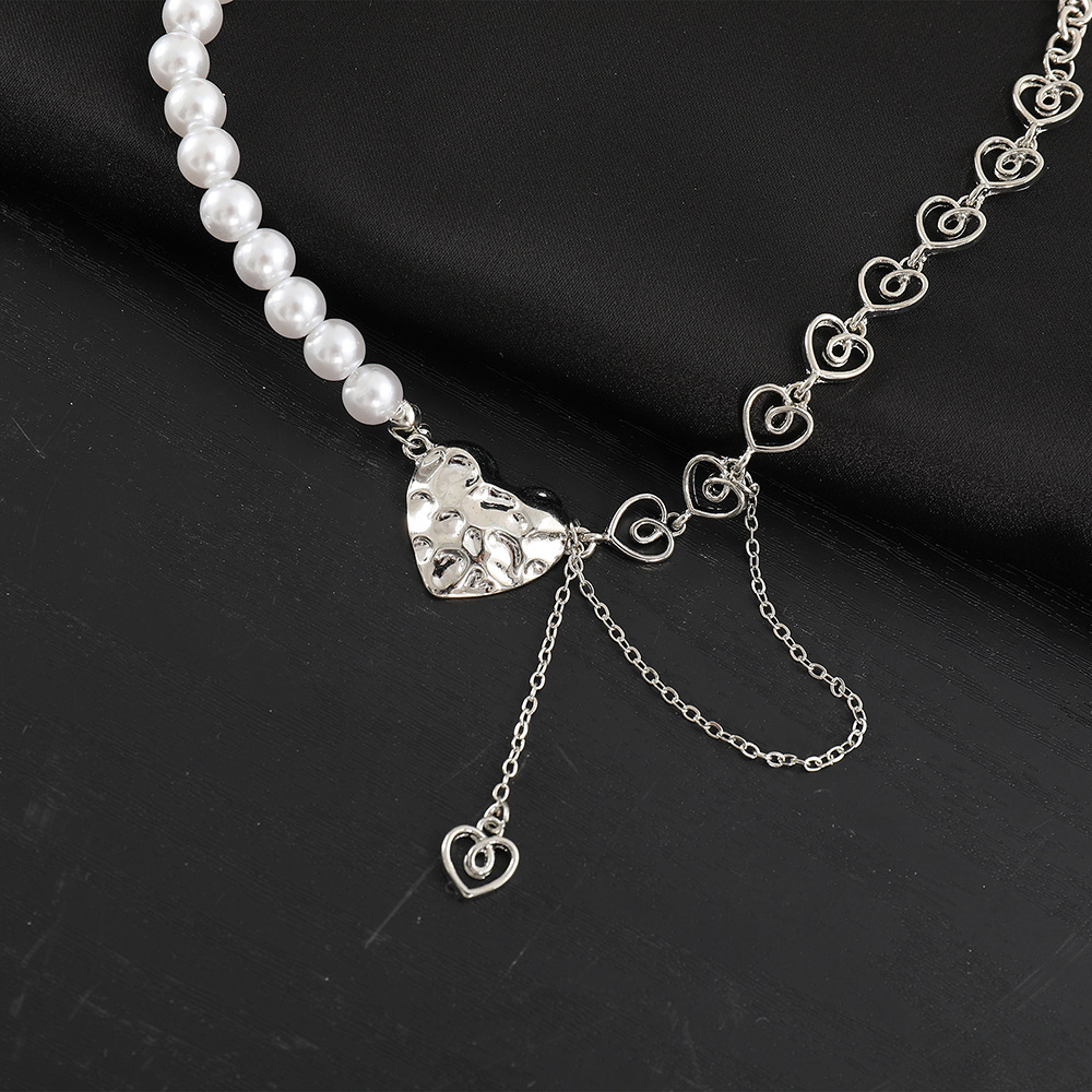 new retro pearl simple stitching pearl chain heart pendant necklace