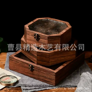 新款海棠花玻璃收纳盒九宫格化妆台装饰摆设复古桌面杂物整理木盒
