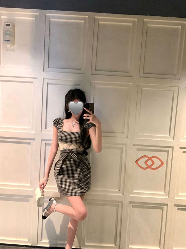 蕾丝镂空格子连衣裙夏季蝴蝶结生日裙子miu系千金小洋裙|undefined