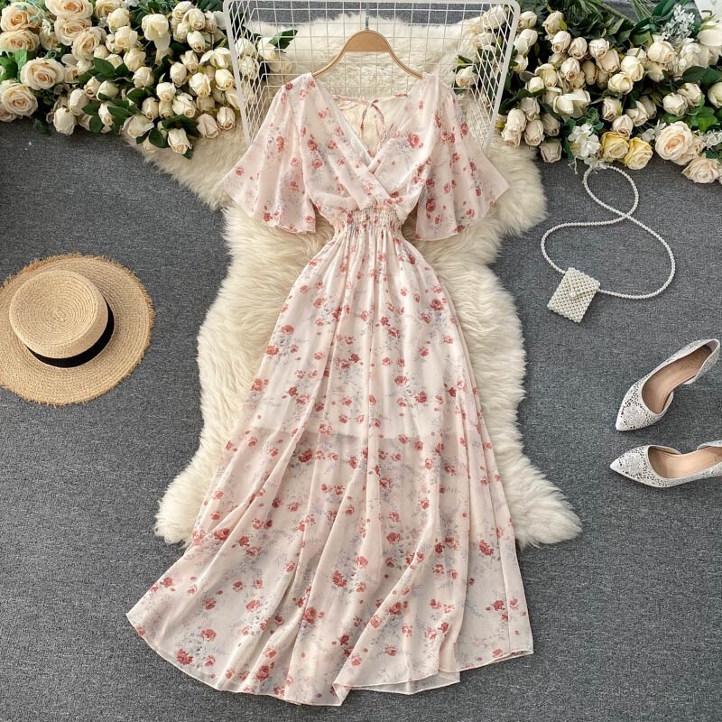 Cross-Border Seaside Vacation Dress, New Summer Style, Sexy V-Neck, Waist-Cinching, Slimming Long Chiffon Floral Beach Dress