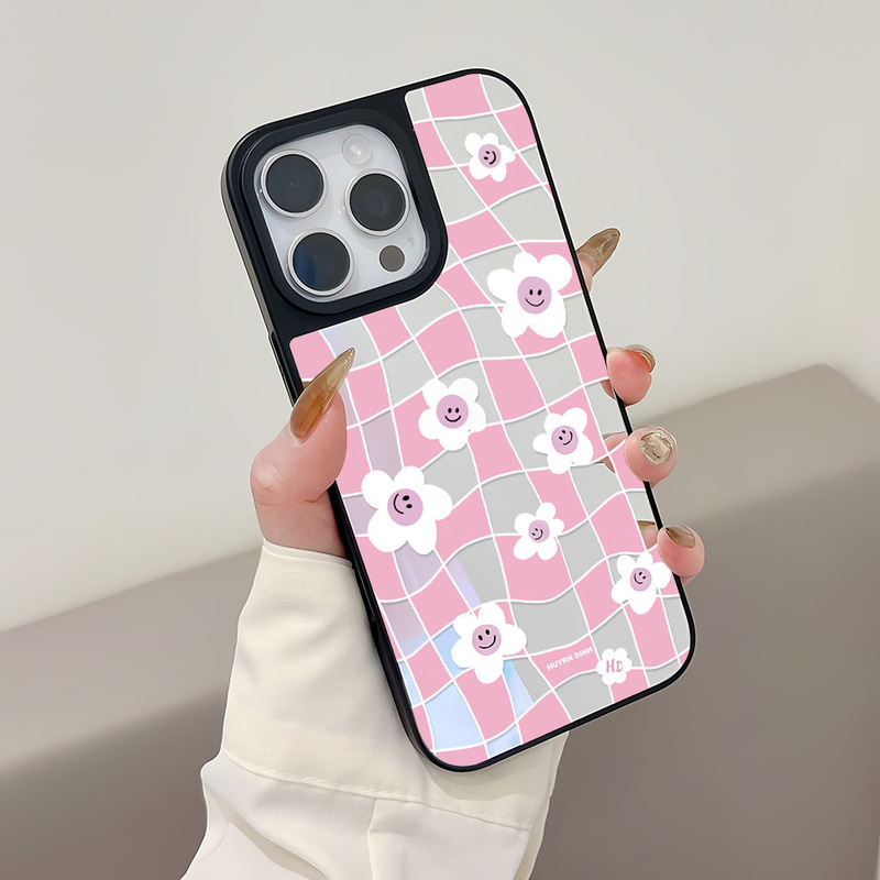 Irregular Pink Checkered Glasses Suitable for Apple 17 Pro Max Black Frame Phone Case 15 Full Coverage 13/16 Niche 14