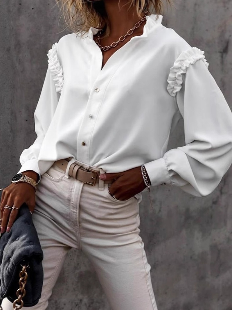Comercio exterior transfronterizo exclusivo 2025 moda nuevo estilo linterna manga de una sola fila botones color sólido camisa de manga larga blusa damas image 5
