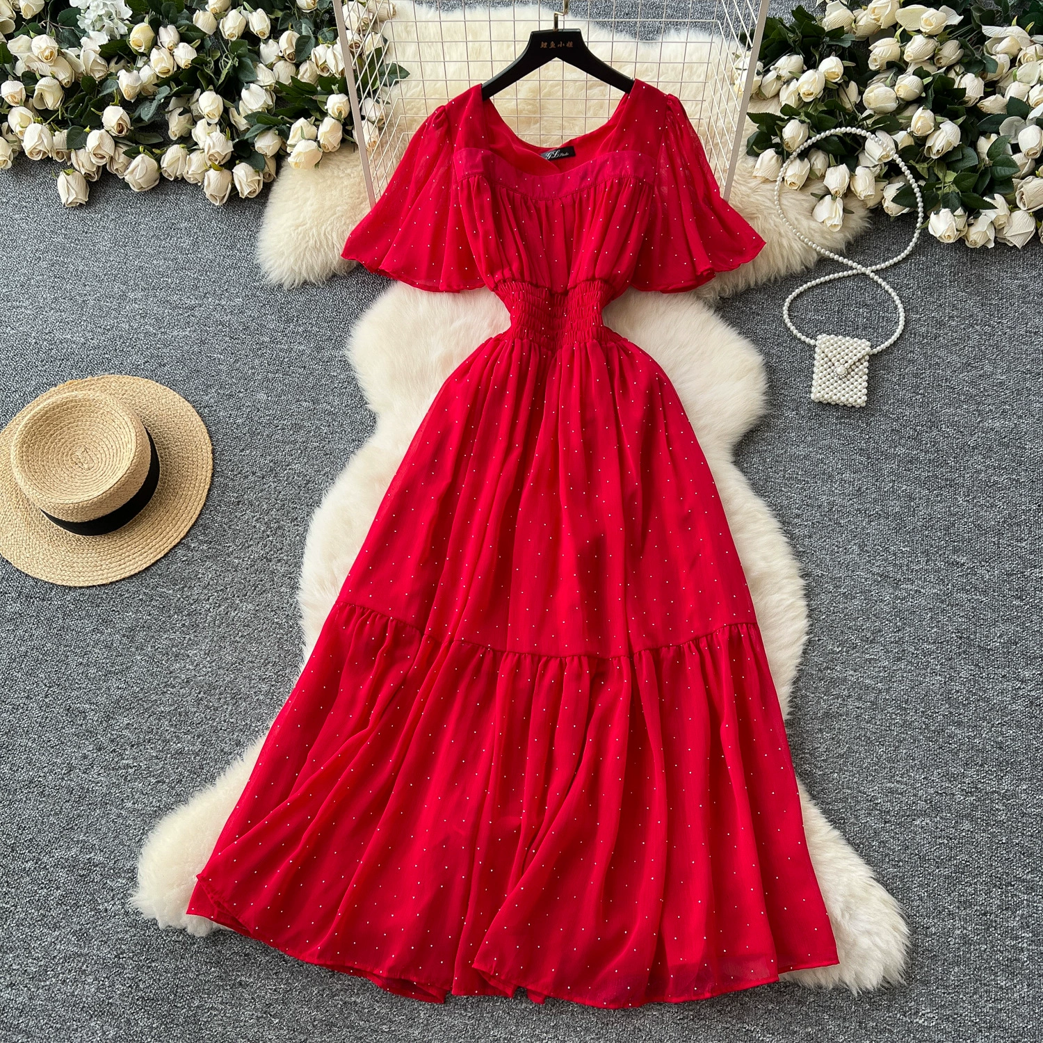 Французское ретро с квадратным воротником маленький летающий рукав с талией Горячими бриллиантами шифоновое платье женская летняя тонкая темпераментная длинная юбка