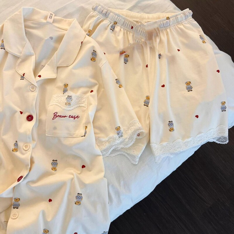 Lace-Trimmed Teddy Bear Pajamas for Women, Summer Short-Sleeved Shorts, Lace Two-Piece Set, High-End Home Wear Lace-Trimmed Teddy Bear Pajamas for Women, Summer Short-Sleeved Shorts, Lace Two-Piece Set, High-End Home Wear