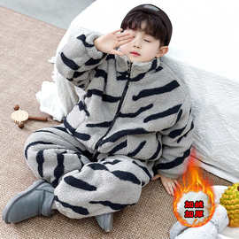 男童冬装珊瑚绒条纹家居服韩版儿童加厚潮款保暖睡衣中小童套装