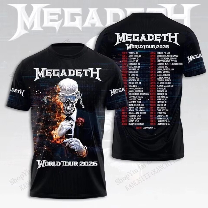 New rock band Megadeth tour 3D printed t-shirt, men's and women's fashion hip-hop oversized short sleeve New rock band Megadeth tour 3D printed t-shirt, men's and women's fashion hip-hop oversized short sleeve