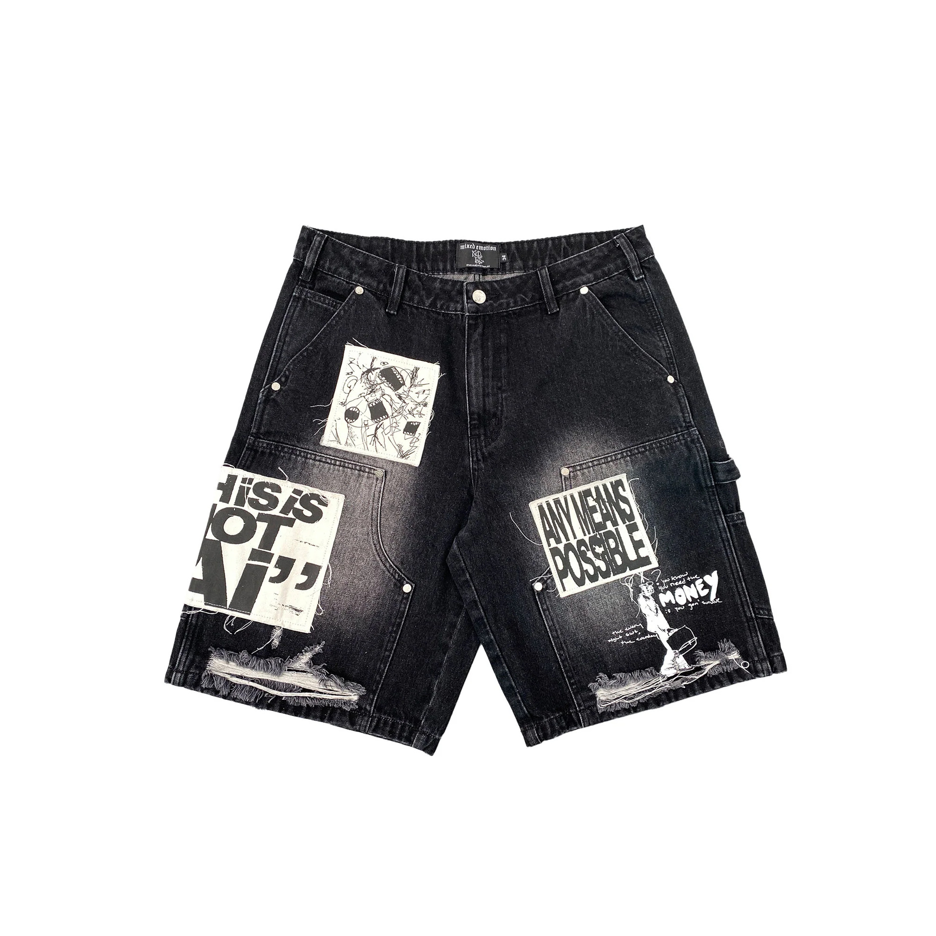Unisex patchwork distressed denim Bermuda shorts detail 7
