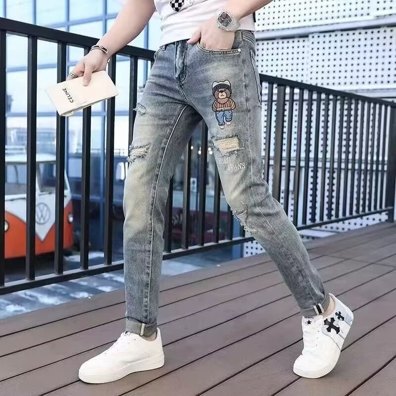 High-End European Trendy Brand Bear Embroidered Denim Cropped Pants Plus Size Men's Stretch Ripped Slim Fit Skinny Pants High-End European Trendy Brand Bear Embroidered Denim Cropped Pants Plus Size Men's Stretch Ripped Slim Fit Skinny Pants