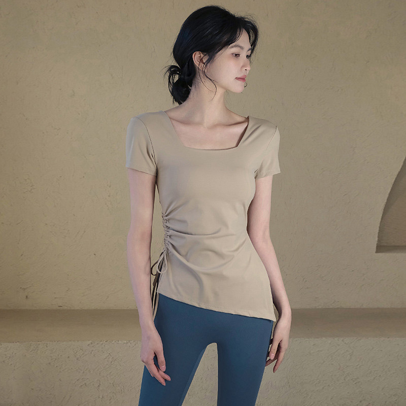 Yoga Wear Short-Sleeved Women's Slimming Look Drawstring Sports Top T-Shirt with Chest Pad Running Training Fitness Suit Summer