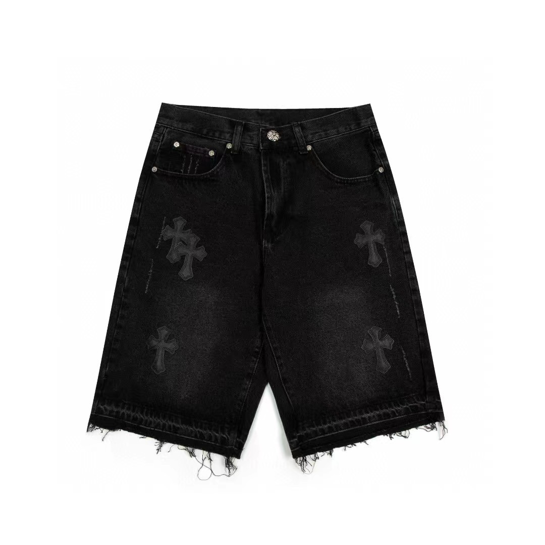 thumbnail for 24SSChrome tops cross embroidery distressed Denim shorts fifth pants for couples cross-border exclusive