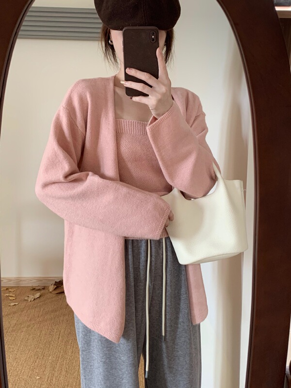 气质名媛高端吊带背心针织开衫女两件套2025秋冬新款洋气减龄外套|undefined