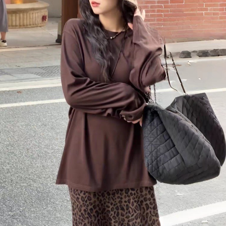 韩系松弛感长袖宽松上衣豹纹半身裙2025秋季超火穿搭一整套|undefined