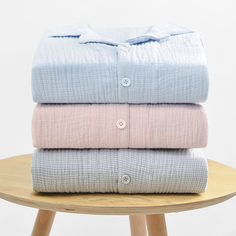 2026 신상품 일본식 여성용 잠옷 긴팔 크레이프 3겹 거즈 커플 홈웨어 심플 땀흡수 잠옷 세트