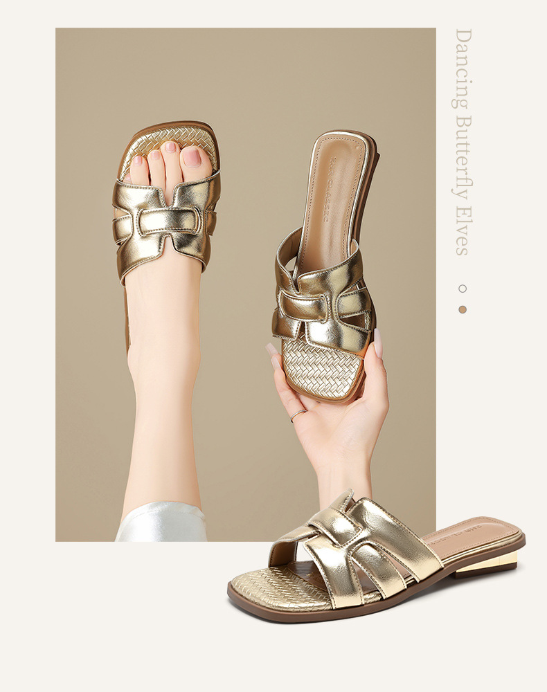 Sandal cao gót nữ quai ngang dệt thời trang, gót vuông 7 cm — JF579 Vàng chi tiết 5
