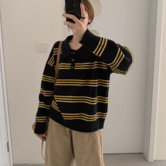 复古撞色条纹polo翻领长袖毛衣女秋冬韩系休闲宽松显瘦针织衫上衣