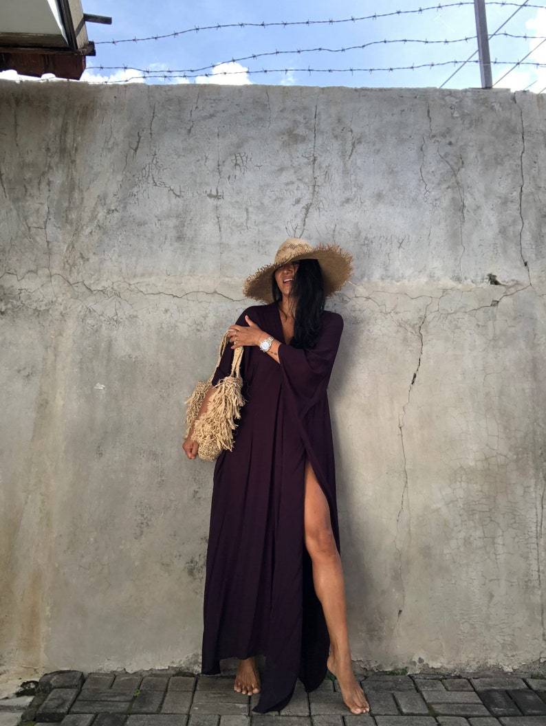 loose long sleeve slit v neck solid color beach outdoor cover-up robe-Multicolor NSMUX131425