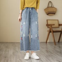 2023年春装 复古文艺绣花破洞牛仔裤女水洗毛边九分直筒阔腿裤