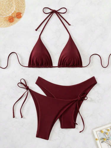 New European and American-style women's swimwear: solid-color halter-neck tie-string triangle brief bikini, two-piece three-piece set bikini.
