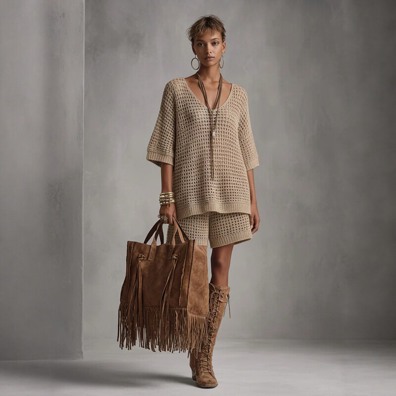 2026 New Summer Style European and American Resort Style Cut Out Knitted Sweater for Women Loose V Neck Short-Sleeved Sweater Set