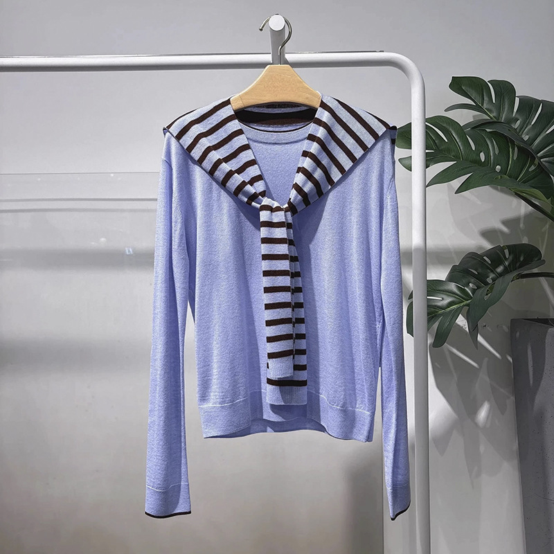 2026 Spring New Fashion Striped Shawl Collar Knitwear Women's Fake Two-Piece Versatile Top 4H2131281 2026 Spring New Fashion Striped Shawl Collar Knitwear Women's Fake Two-Piece Versatile Top 4H2131281