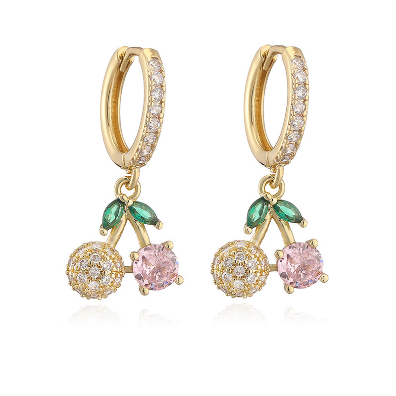 6g Weight Copper Ear Needle Material Zircon Inlay Material Charm Sleeper Hoop Earrings, Earrings Classification 1 Pair Quantity Holiday, Banquet, Daily Occasion Copper Material Cherry, Heart Shape Pattern Women's Gender Inlay Design Sweet Style 1 Pair Sweet Cherry Heart Shape Inlay Copper Zircon Earrings 2