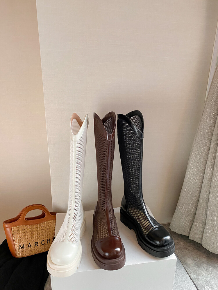 Boot nữ da lưới thoáng khí mùa hè, đế dày rỗng, ống rộng cho chân to — Màu nâu ống lớn, Màu đen cổ ống lớn, Ống nhỏ màu đen, Ống nhỏ màu be chi tiết 23