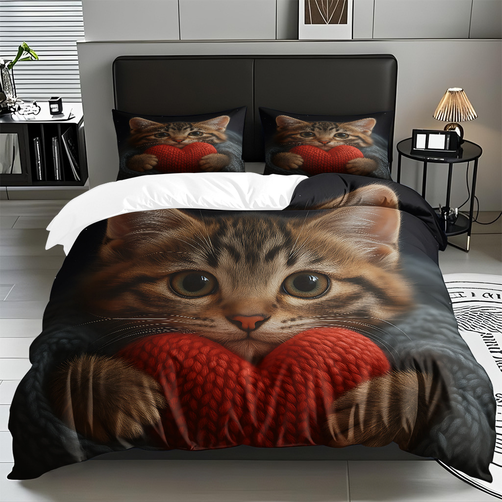TEMU / JIT adorable gatito impresión digital suave set de colcha de edredón textil para el hogar se puede diseñar venta directa de fábrica