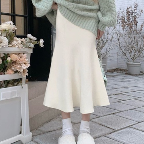 Spring and Autumn Thickened Knitted Skirt Women's Mid-Length Slim Fit Covering Hips 24 New A-Line Fishtail Wool Skirt