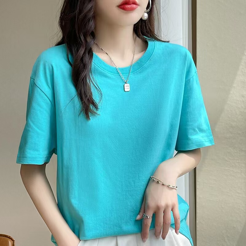 American-Style Pure Cotton Short-Sleeve T-Shirt for Women, Made from Xinjiang Long-Staple Cotton, Loose-Fitting Couple's T-Shirt, Regular Shoulder, Round-Neck Top for Women