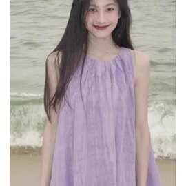 多巴胺穿搭紫色亚麻无袖背心连衣裙女夏季2026新款海边度假风长裙