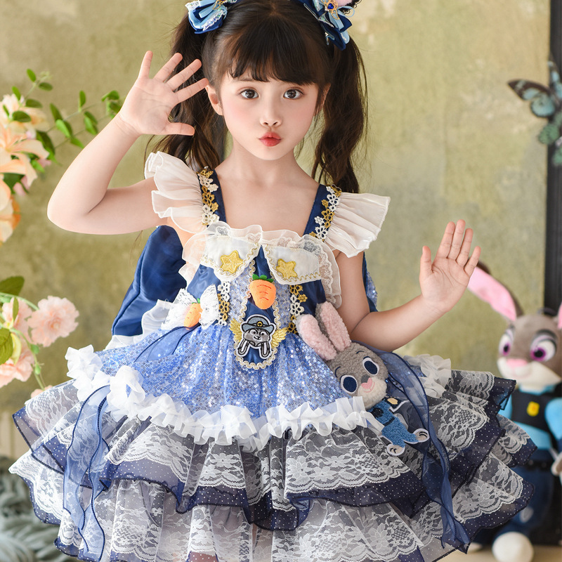 Girls' Princess Dress, New Four-Season Lolita Style Children's Birthday Dress, Cartoon Rabbit Police Officer Tulle Dress Girls' Princess Dress, New Four-Season Lolita Style Children's Birthday Dress, Cartoon Rabbit Police Officer Tulle Dress