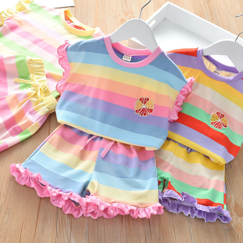 童装夏季新款洋气条纹彩虹休闲套装女童木耳边T恤+短裤两件套潮