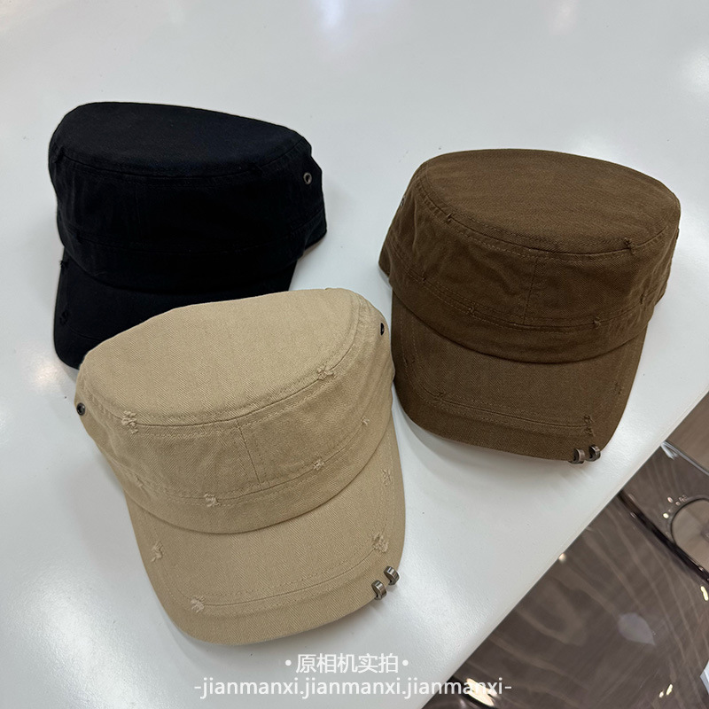 水洗棉帽檐装饰平顶马术帽子女春秋新款四季骑士帽日系复古鸭舌帽|undefined