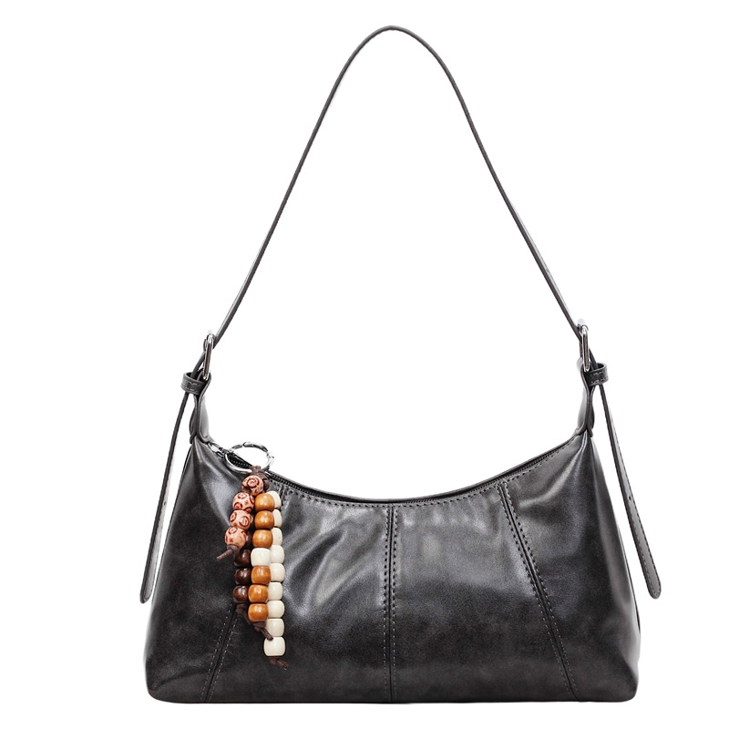 Retro Oil Wax Leather Baguette Bag 2026 New Arrival Niche Design Underarm Bag Versatile Beaded Charm Shoulder Bag - Thumbnail 5