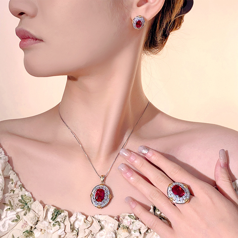 Elegant Ruby And Crystal Pendant Necklace Set With Gold Plated Base_voghion.com