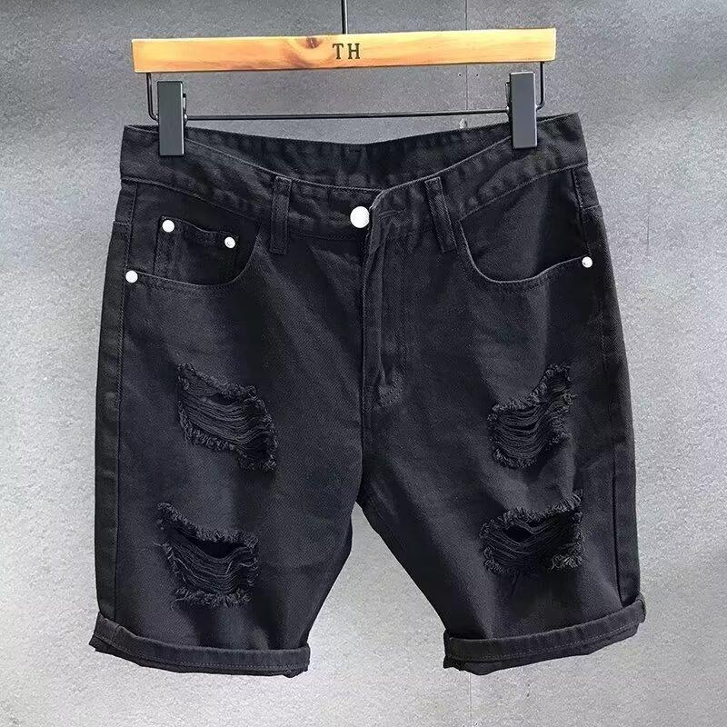 남성용 여름 찢어진 데님 반바지, 트렌디 브랜드 뚱뚱한 남자 루즈한 베이비 투 중간 길이 바지 2025 하이 스트리트