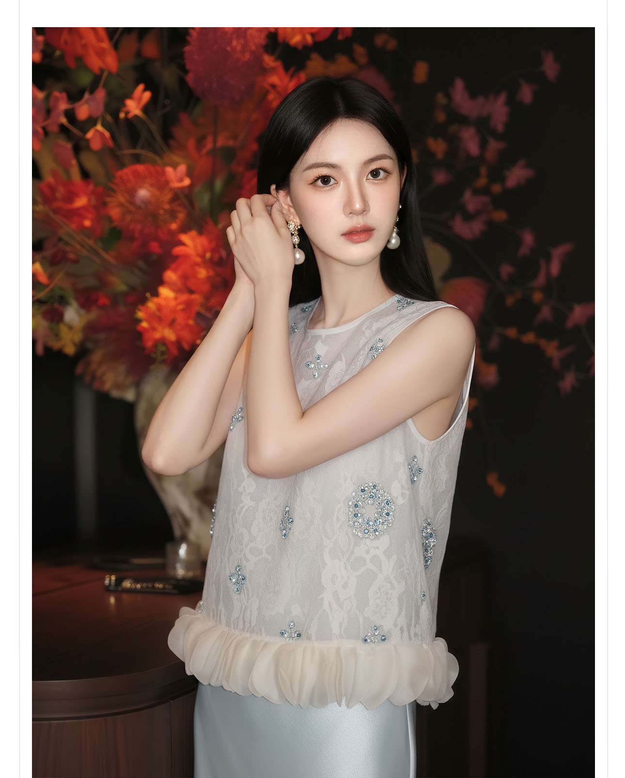 Bộ áo gile đính cườm thêu hoa cách tân + chân váy trơn thanh lịch nữ — bộ đồ, Trang chủ, Màu xanh nửa váy chi tiết 3
