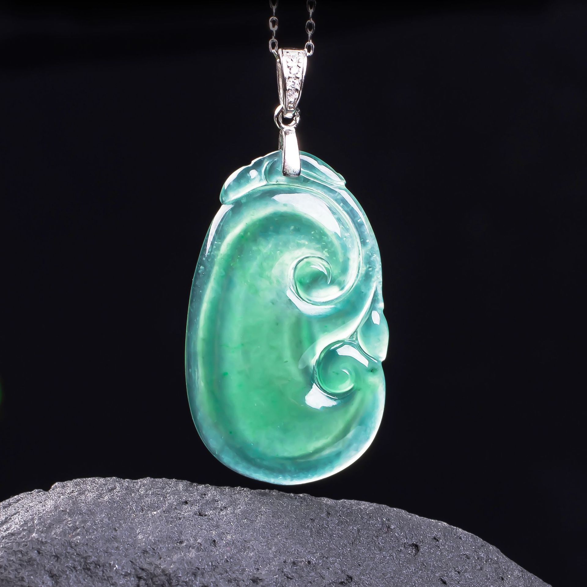 天然A货翡翠如意925银镶嵌高冰玉石精工男女吊坠花件挂件玉坠玉美