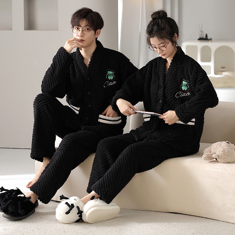 Coral polar pareja pijamas de invierno de las mujeres de manga larga kimono japonés con cuello en V estilo coreano de dibujos animados lindo traje de homewear de los hombres