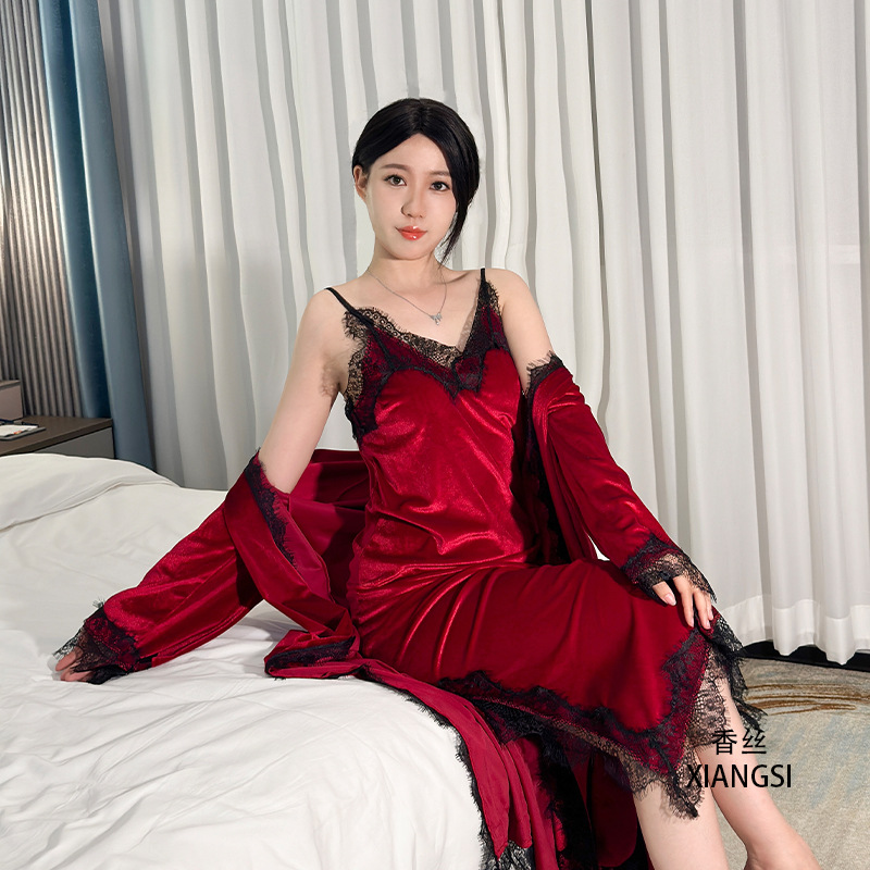 향기로운 실크, 순수한 유혹의 레이스, 매혹적인 슬릿 벨벳 잠옷, 서스펜더 잠옷, 가운, 홈웨어 세트, 섹시한 레이스