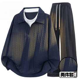提花卫衣套装肌理美式秋季宽松休闲两件新款两件套中性多巴胺男穿