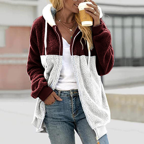 Wish Independence Station 2026 autumn and winter new loose color-matching plush zipper hooded coat for women's clothing
